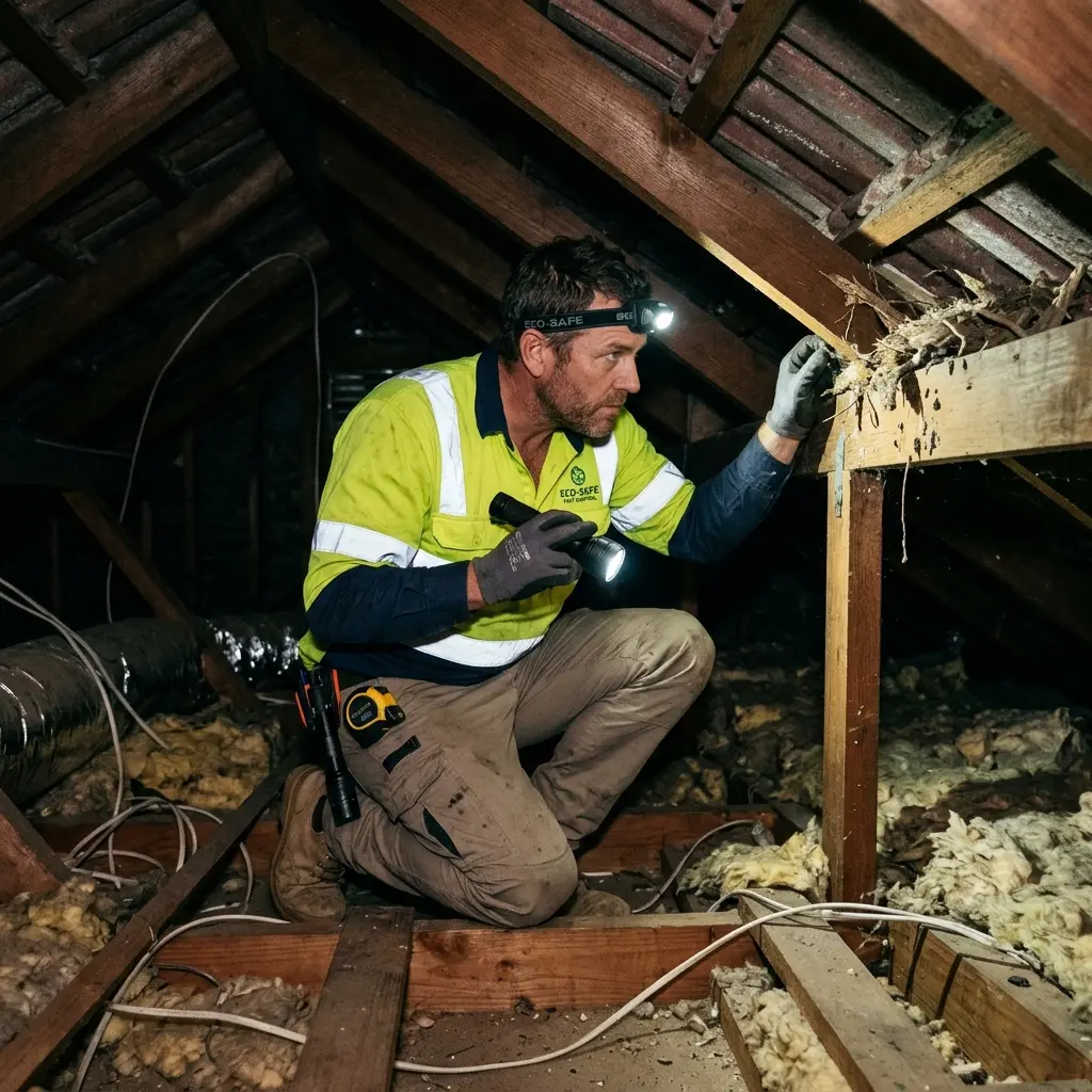 Technician inspecting a roof cavity for a dead animal in Frankston